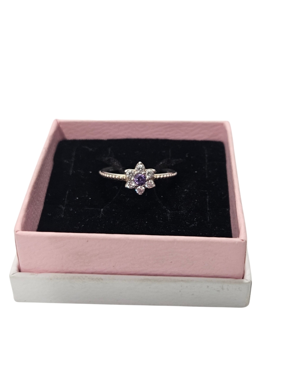 Pandora Forget Me Not Purple CZ Flower Ring Size 50 Sterling Silver